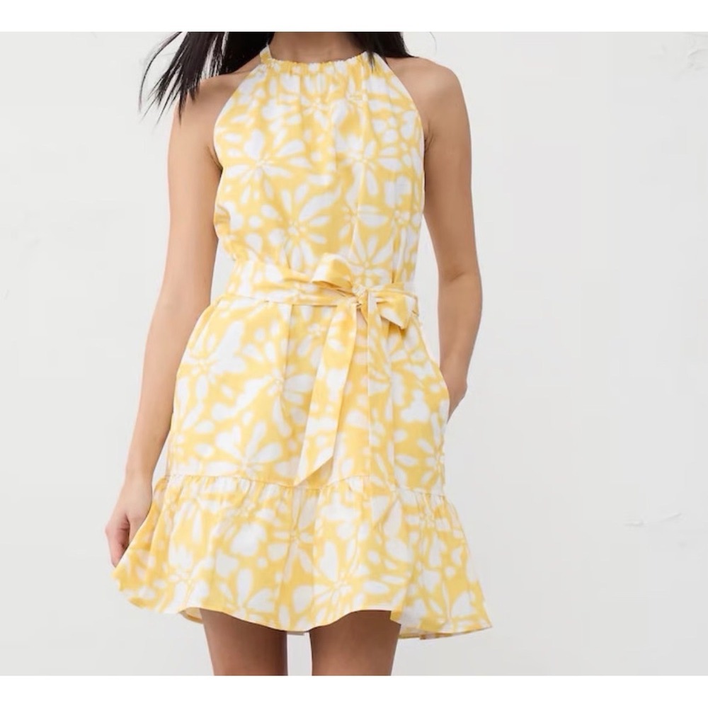 Banana Republic Poplin Floral Halter Dress M Yellow White Ruffle Pockets Coastal